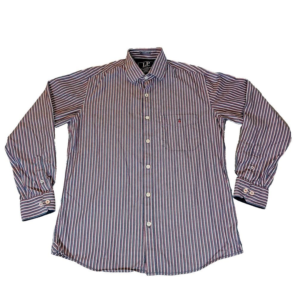 Louis Philippe Men Striped Shirt Tailored Fit Long Sleeve Blue Red White Med/ 40
